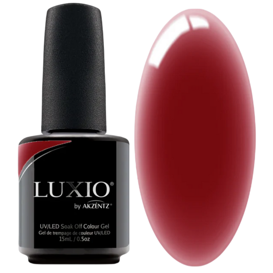 Luxio gel polish Jelli Red 15ml bottle with red gel polish visible, showcasing the vibrant, glossy nail color product.