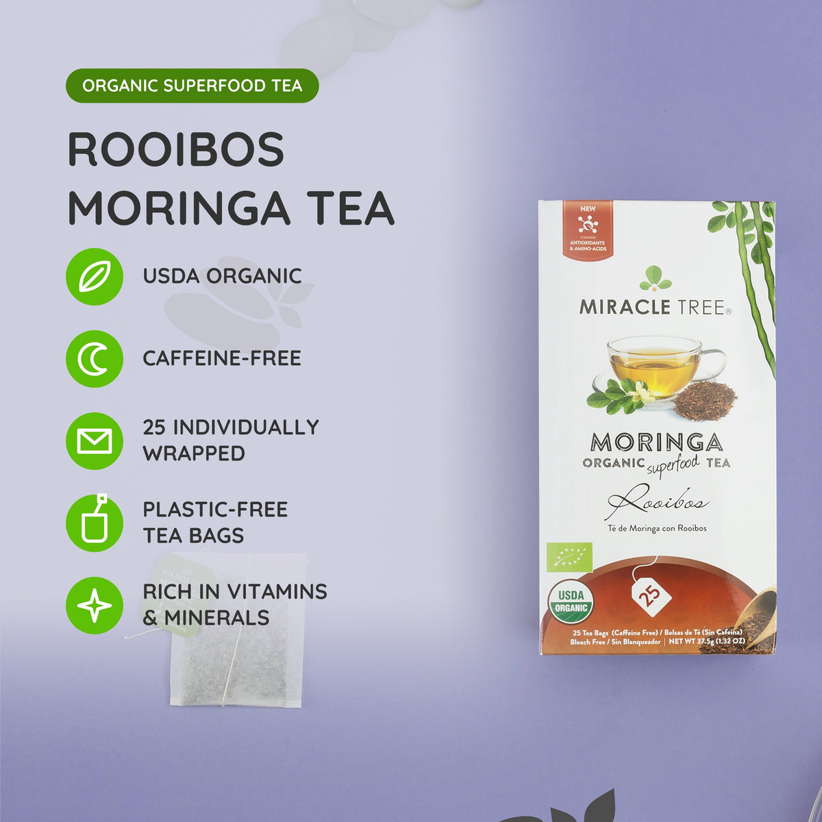 Cup of Miracle Tree organic Moringa Rooibos herbal tea in a clear glass mug, showcasing its reddish-brown color and herbal infusion.