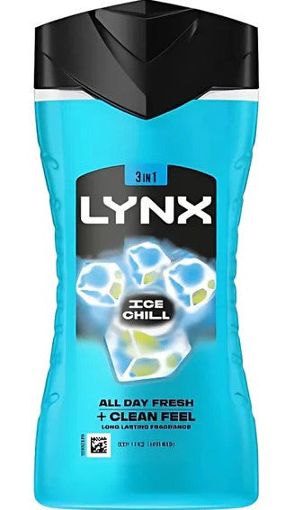 Lynx Ice Chill Shower Gel 225ml bottle with icy blue design and label, featuring the Lynx brand logo.