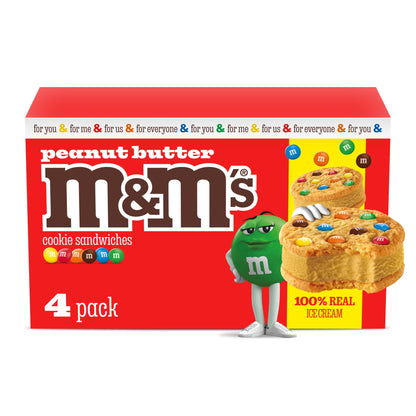 M&M'S Peanut Butter Ice Cream Cookie Sandwiches from BACKUPMYFILESNOW® in a 14 fl oz 4-pack, showing creamy ice cream between cookies.