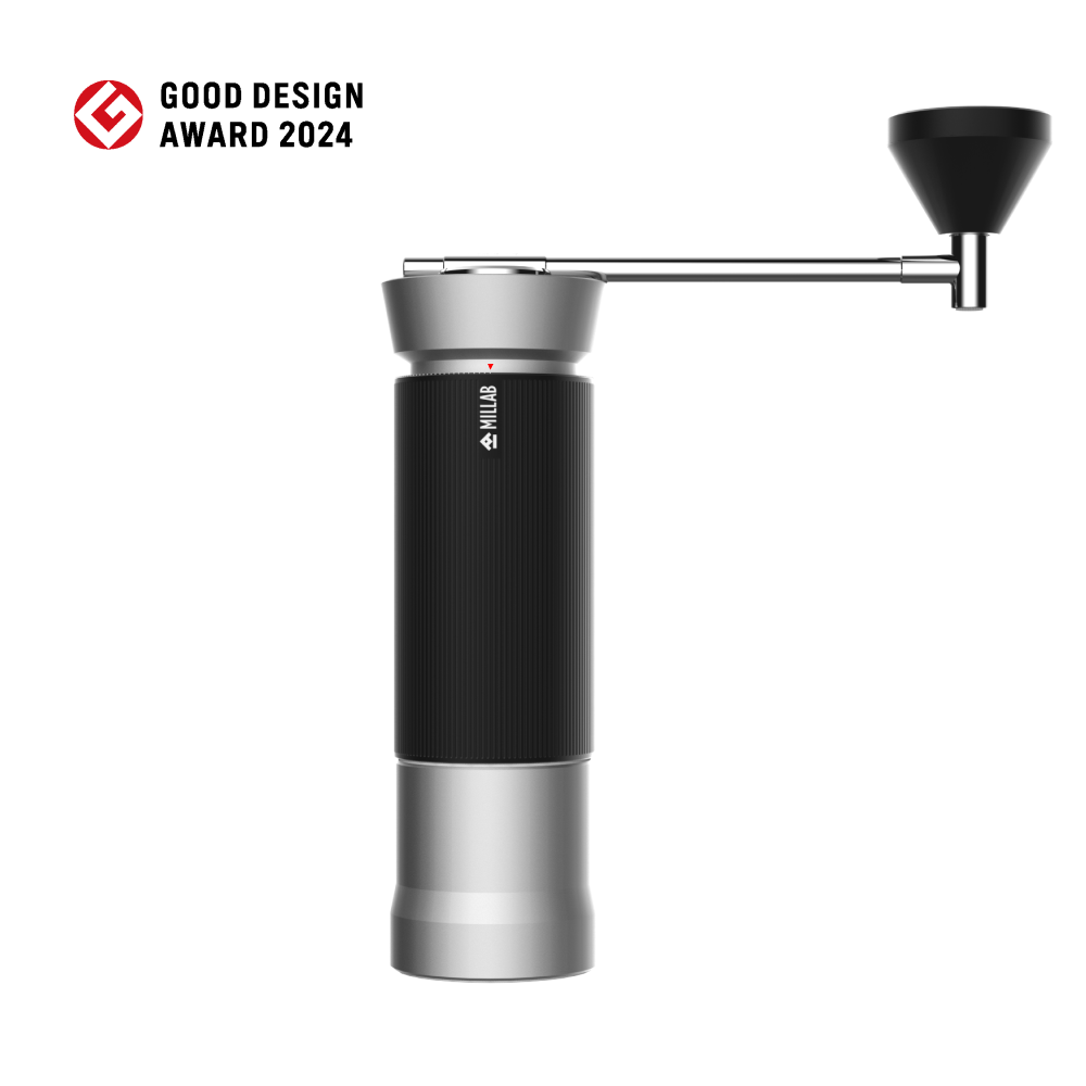 Timemore X Millab M01 coffee grinder with ceramic burrs and sleek design for home brewing, shown in a close-up image.
