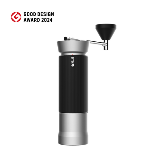 Timemore X Millab M01 coffee grinder with stainless steel body and ceramic burrs, suitable for home brewing.