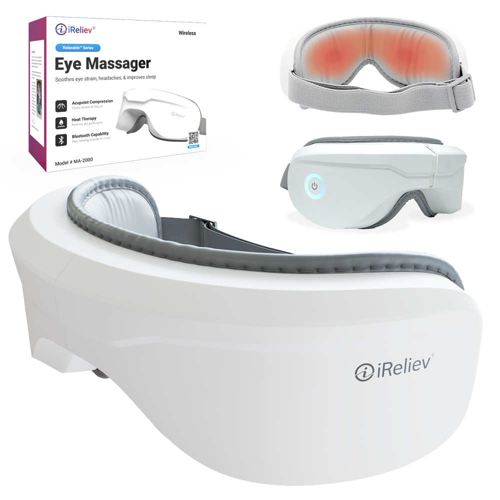 iReliev Relaxable™ Eye Massager with Heat, a comfortable massage device designed to soothe and relax tired eyes.