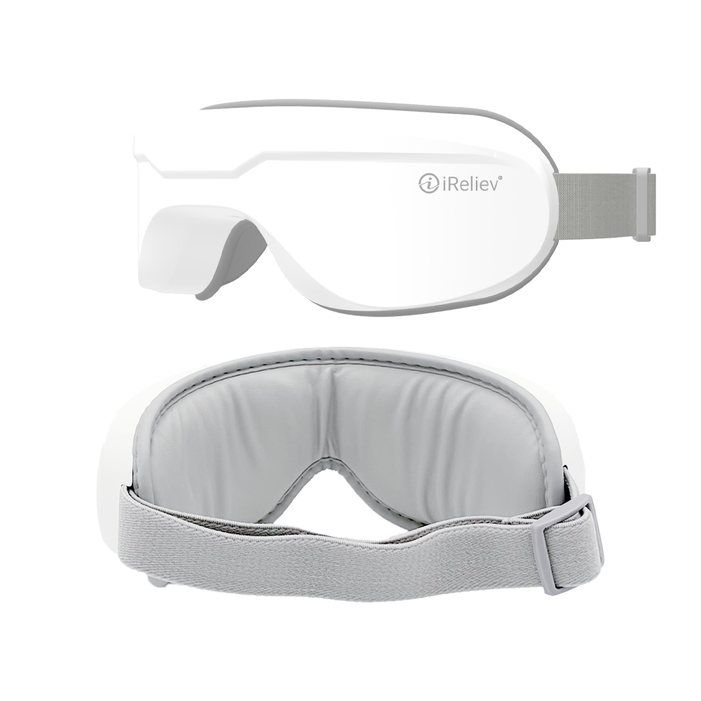 iReliev Relaxable™ Eye Massager with Heat showing a sleek black design, padded eye cups, and control buttons for soothing massage.
