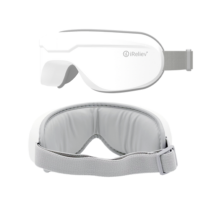 iReliev Relaxable™ Eye Massager with Heat showing a sleek black design, padded eye cups, and control buttons for soothing massage.