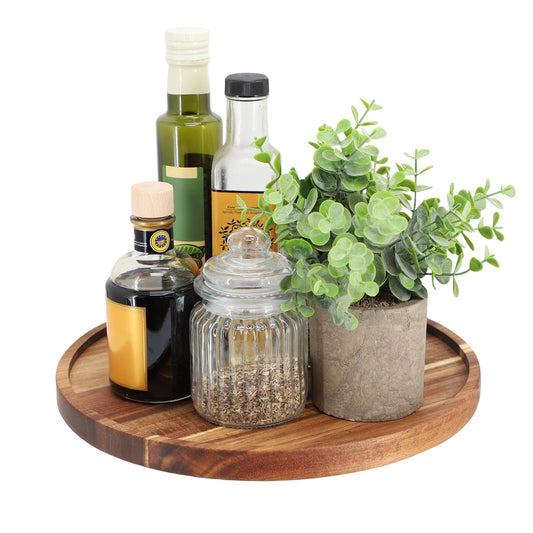MegaChef 12-inch acacia wood lazy Susan tray for kitchen use, round with a smooth finish and natural wood grain.