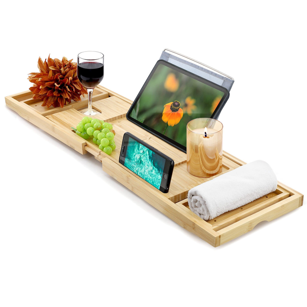 Expandable bamboo wood bath tray by MegaChef with compartments and slots for bath essentials and reading materials.