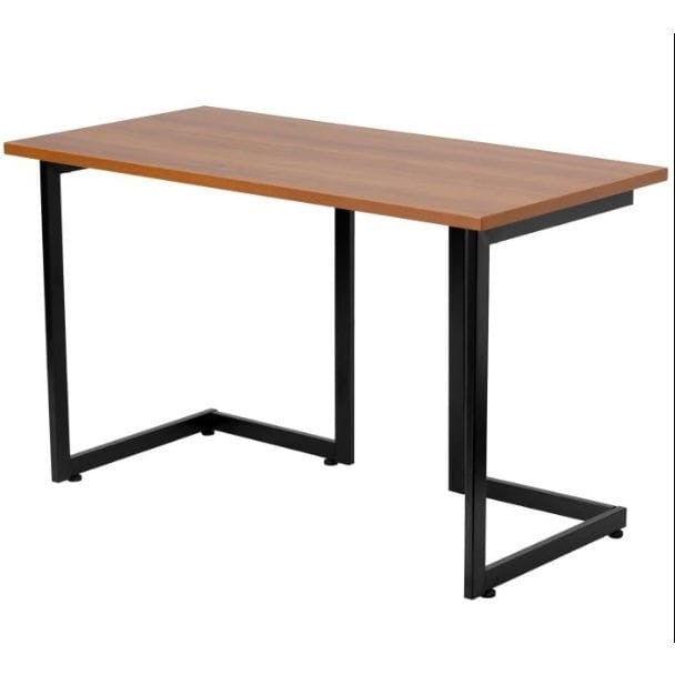 Modern black metal frame computer desk with cherry wood finish top, sturdy workspace for home or office use.