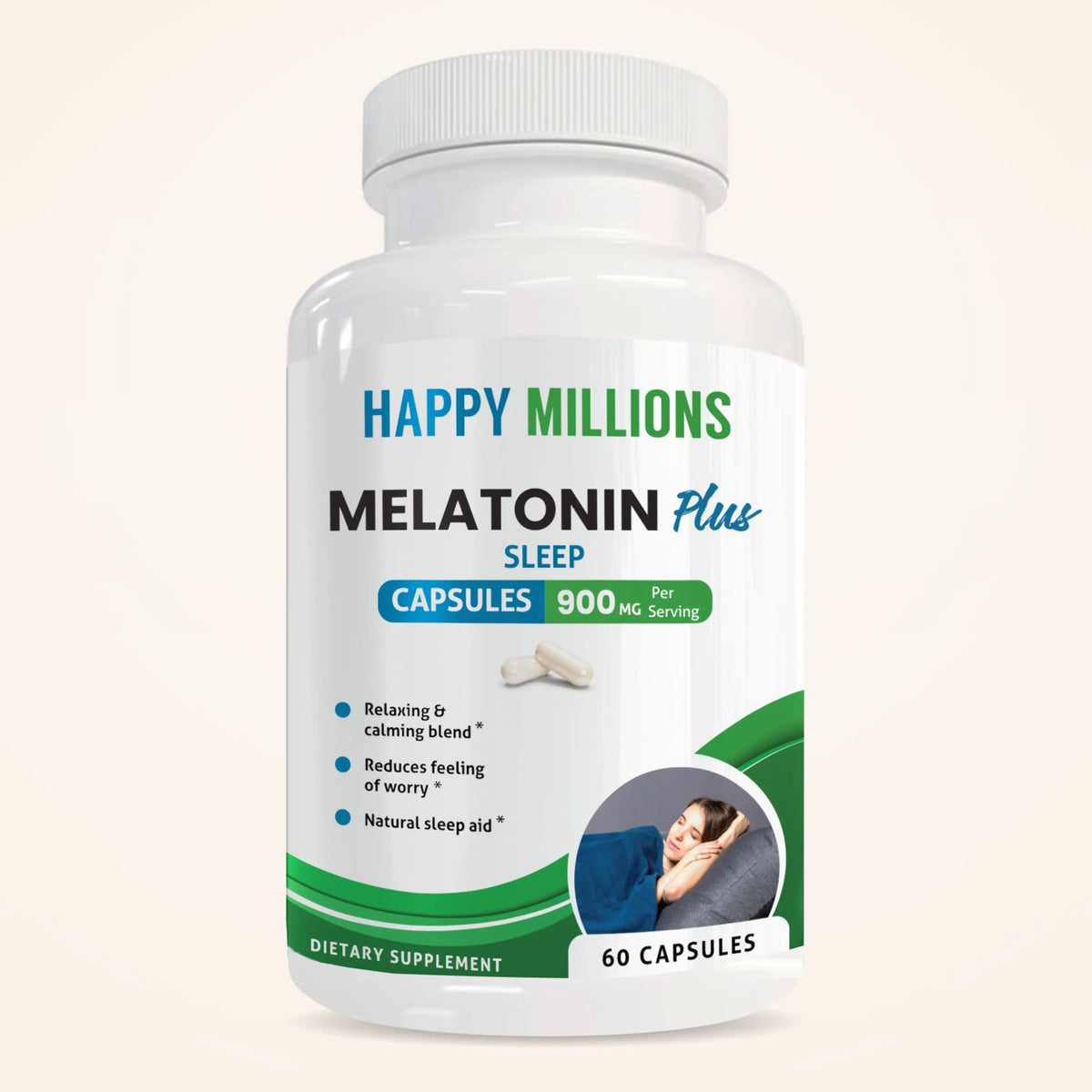 Bottle of Happy Millions Melatonin Plus Sleep supplement with tablets in clear bottle and label visible.