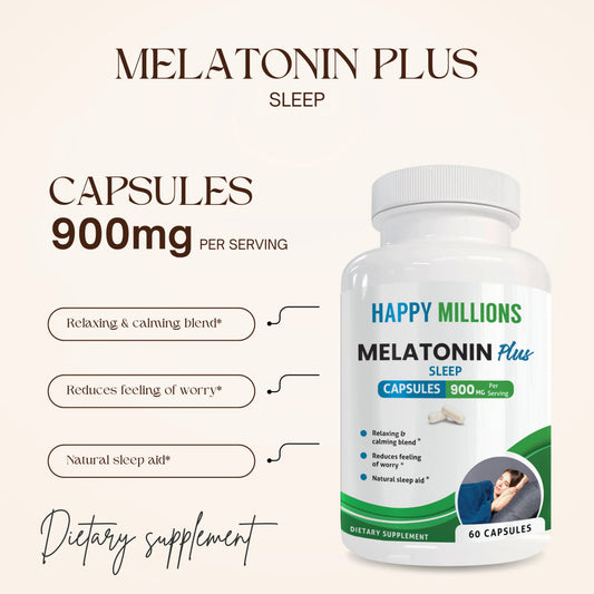 Bottle of Happy Millions Melatonin Plus for Sleep with supplement tablets in blister pack, close-up view