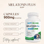 Bottle of Happy Millions Melatonin Plus for Sleep with supplement tablets in blister pack, close-up view