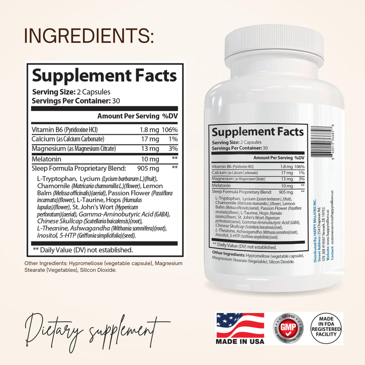 Bottle of Happy Millions Melatonin Plus Sleep supplement with label showing melatonin, designed to promote restful sleep.