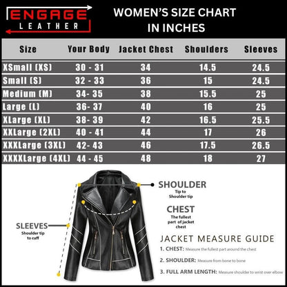 Men's size chart image for Gear Hikes women's classic tan leather blazer Lufkin, showing size measurements and fit details.