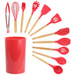 Set of 12 MegaChef red silicone and wood kitchen utensils including spatulas and spoons on a white background