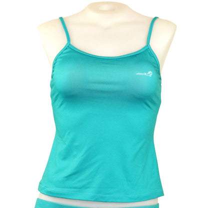 Loco Boutique solid logo cami tankini in jade color, with adjustable straps and a sleek, comfortable fit.
