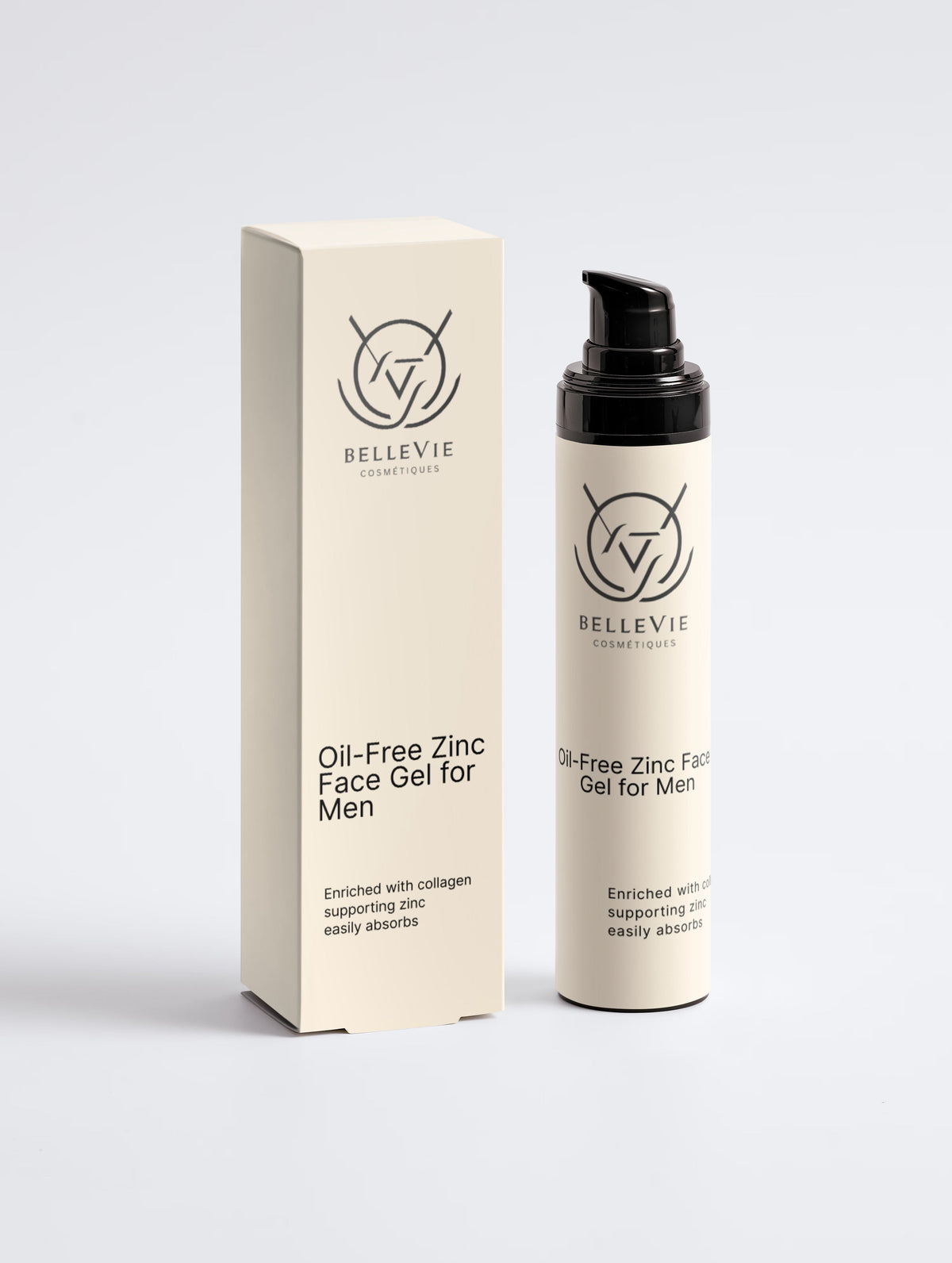 Men's oil-free zinc face gel by BelleVie Cosmétiques, 50ml, soothing, oil control, and skin protection for healthy skin.