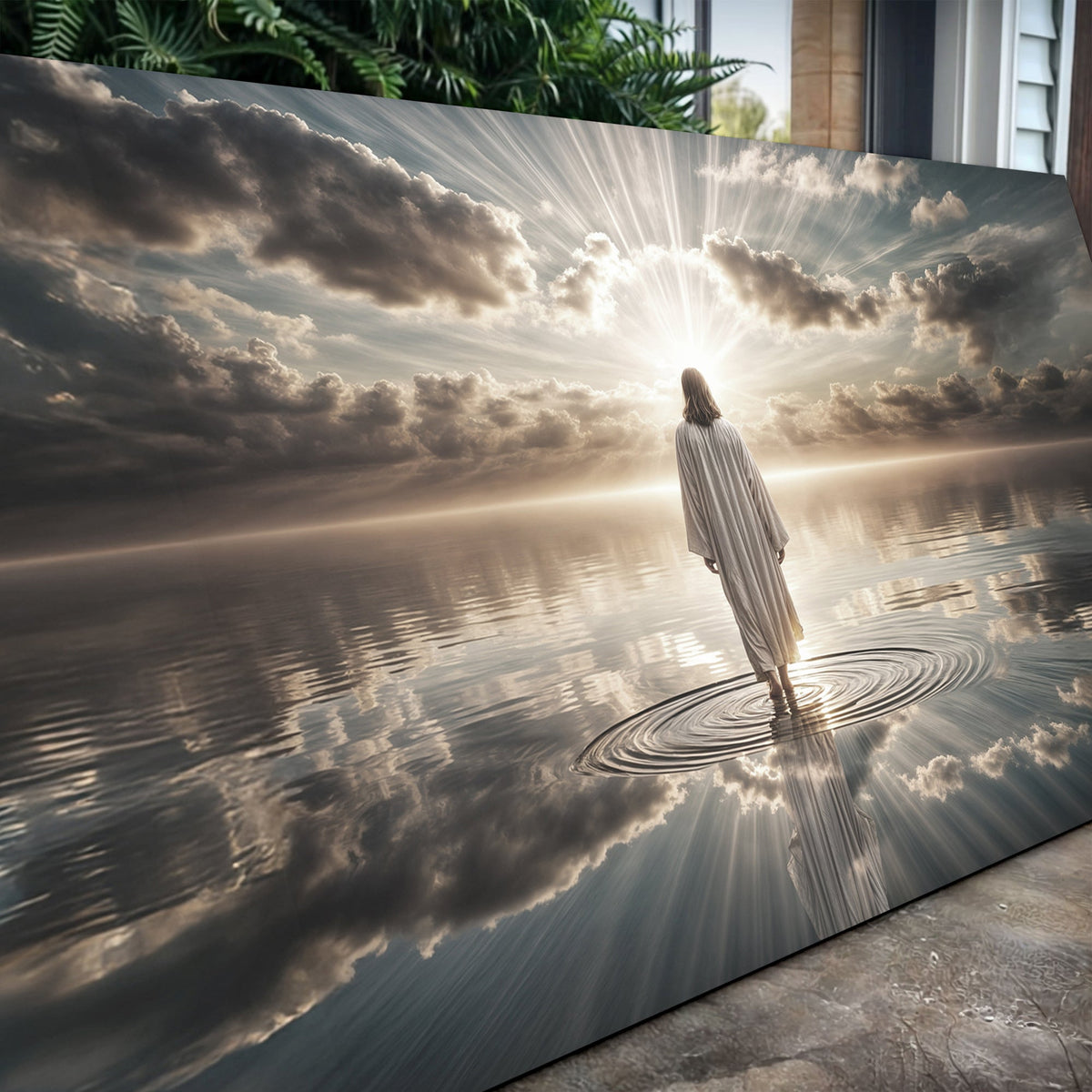 Canvas wall art titled "Walking on Water" featuring a biblical scene, created by Tailored Canvases, suitable for faith-inspired decor.
