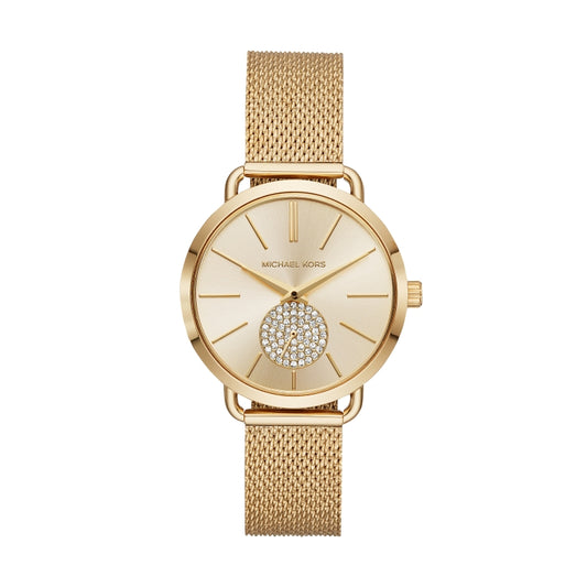 Michael Kors MK3844 watch with gold-tone bracelet and round dial, stylish accessory for both casual and formal wear.