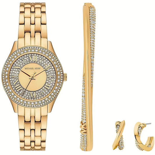 Michael Kors Harlowe watch with a sleek silver-tone band and round dial, featuring minimalist design and chronograph details.