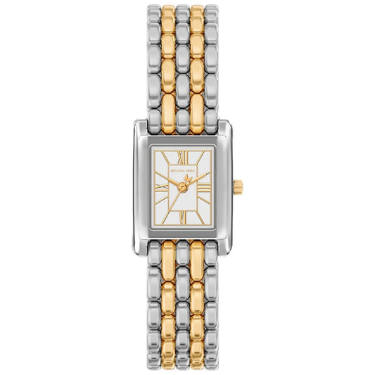 Michael Kors MK4999 watch with a sleek silver stainless steel band and black dial featuring chronograph functions.