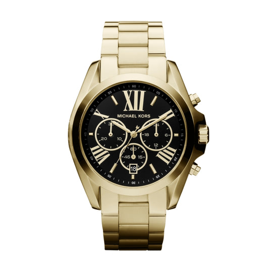 Michael Kors MK5739 watch with rose gold-tone stainless steel band and round dial featuring chronograph subdials.