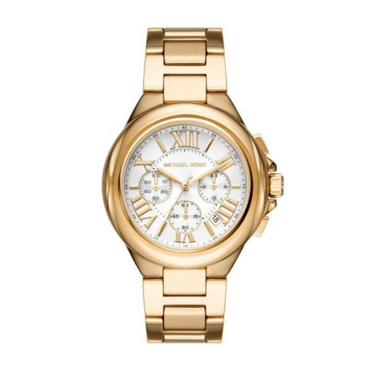 Michael Kors Camille watch with gold-tone case and brown leather strap, featuring a round dial and minimalist design.