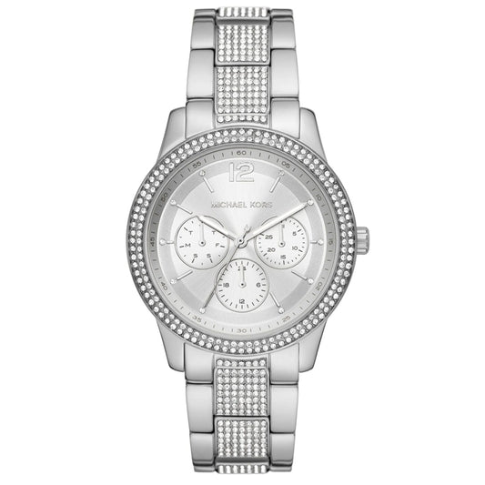 Michael Kors TIBBY watch with silver-tone case and black leather strap, featuring a round dial with chronograph details.