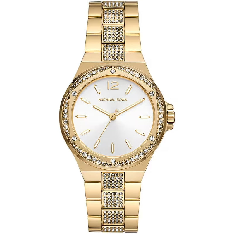 Michael Kors MK7361 watch with a sleek silver band and round black dial, stylish accessory for women.