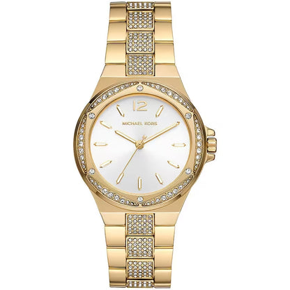 Michael Kors MK7361 watch with a sleek silver band and round black dial, stylish accessory for women.