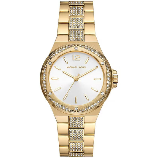Michael Kors MK7361 watch with a sleek silver band and round black dial, stylish accessory for women.