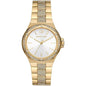 Michael Kors MK7361 watch with a sleek silver band and round black dial, stylish accessory for women.