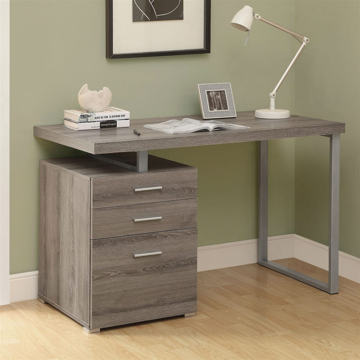 Modern dark taupe home office computer desk, left or right facing, by BACKUPMYFILESNOW® with sleek design and ample workspace.