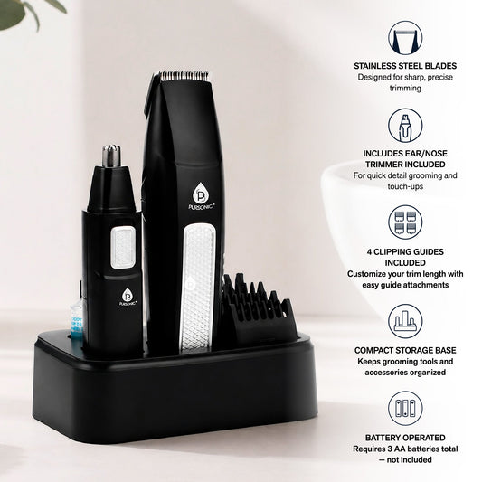 Pursonic men's 10-piece grooming kit with hair, beard, nose, and ear trimmers for comprehensive shaving and grooming.