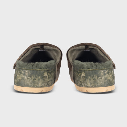 Fleks San Ysidro slide sandal, The Puente Clog in Forest color, featuring a comfortable slip-on design with earthy green tones.