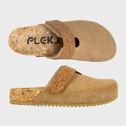 Fleks More Mesa Clog in Morning Coffee color, showing a stylish slip-on shoe with a comfortable design and natural leather finish.