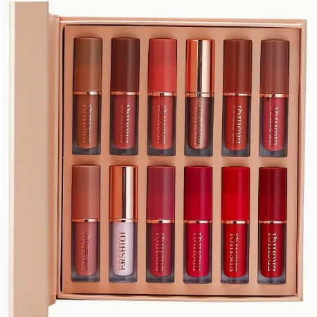 12 Pcs Kiss-Proof Velvet Matte & Glossy Lipstick Set - Hydrating Shades Gift Box