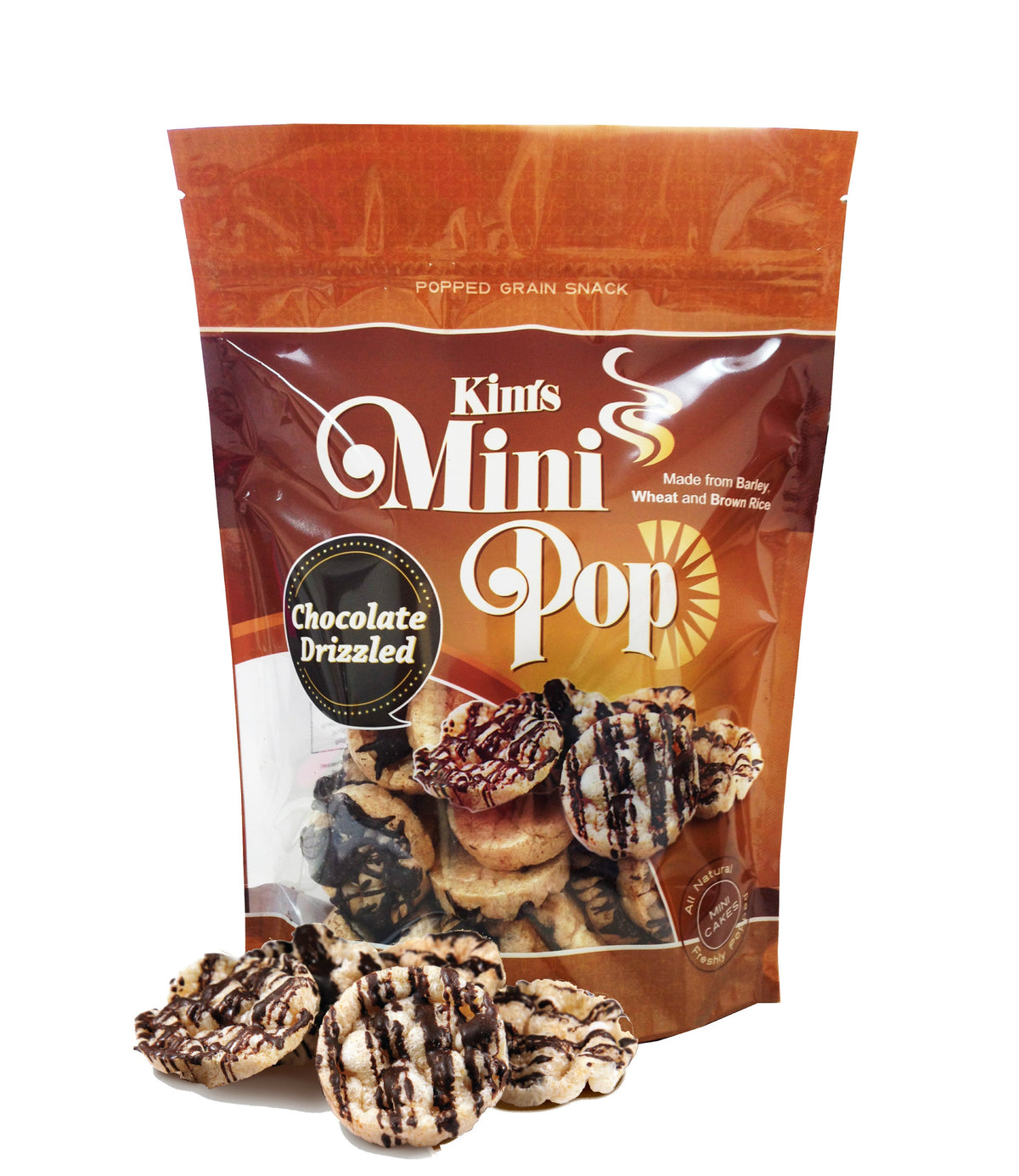 Mini Pop Chocolate Drizzled from Kim's Magic Pop Delice Products, featuring small crispy snacks topped with chocolate drizzle.