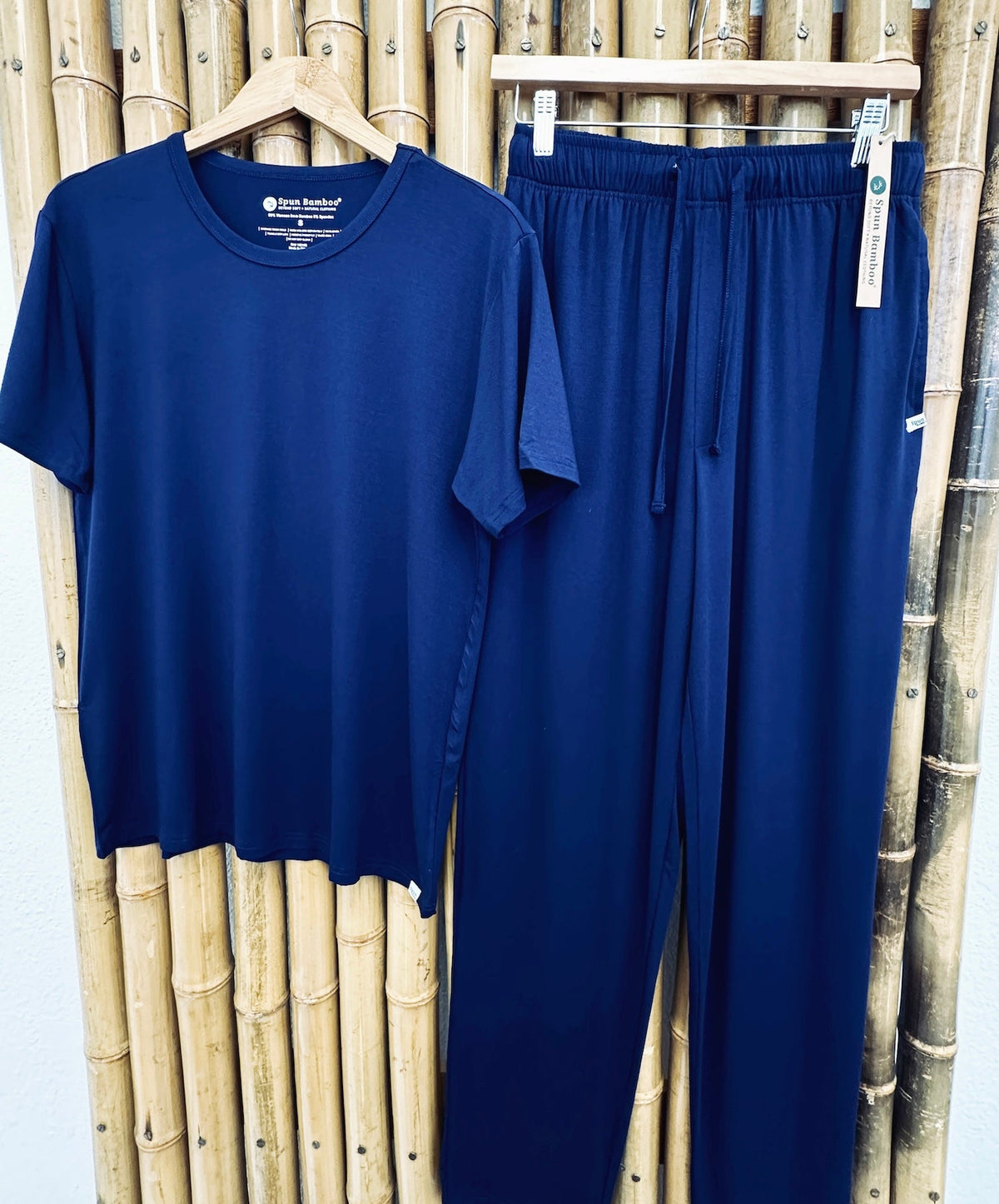 Navy men's soft bamboo lounge pajama pants from Spun Bamboo, paired with a matching short sleeve top, comfortable sleepwear set.
