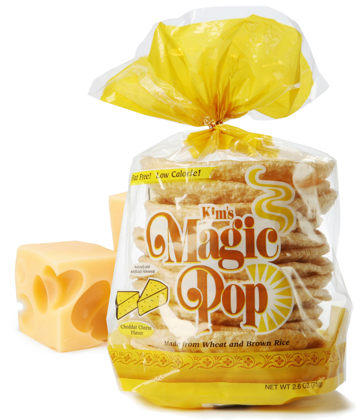 Kim's Magic Pop Cheddar Cheese flavor, a crispy rice snack by Delice Products, shown in this image.
