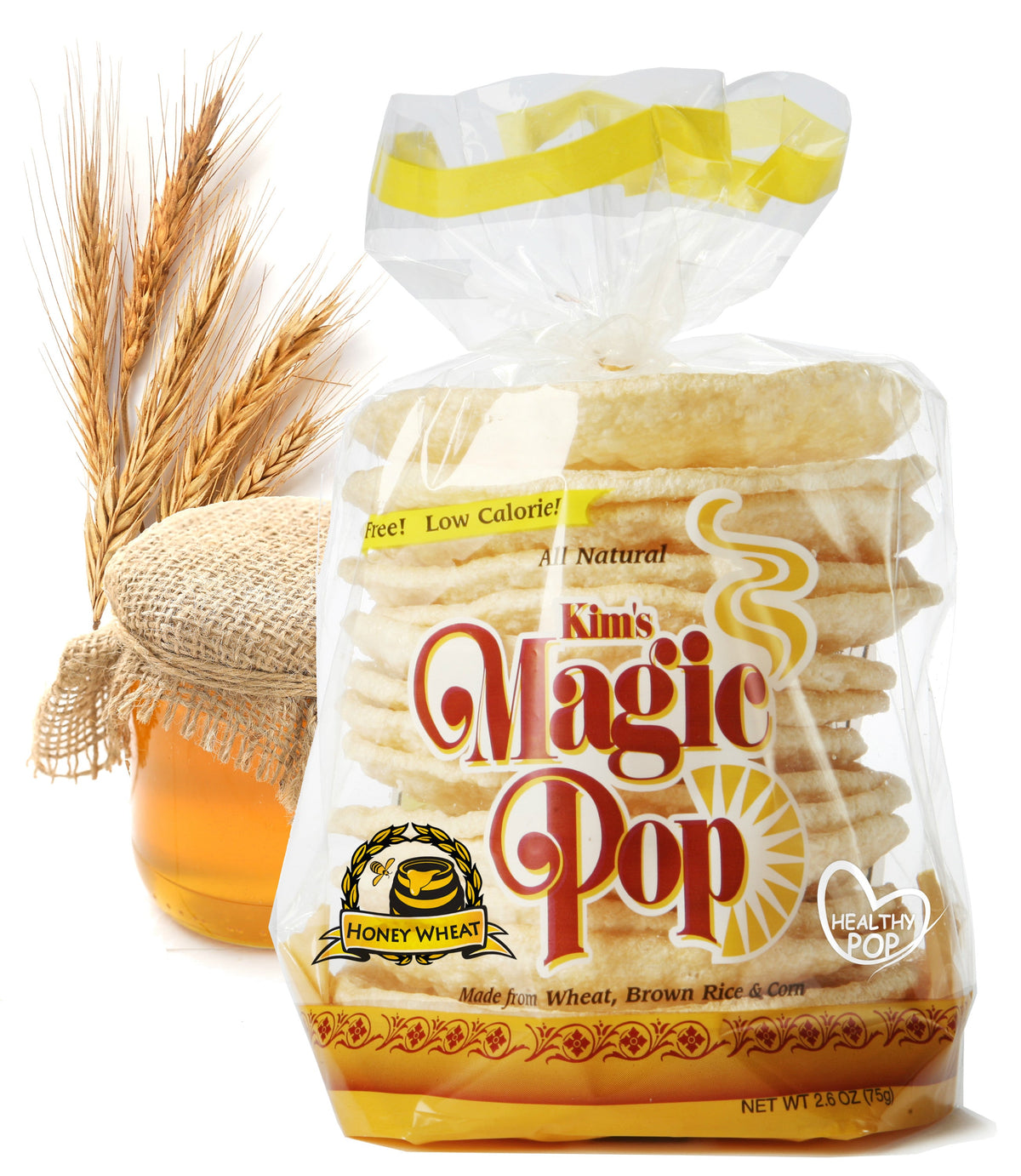 Kim's Magic Pop Honey Wheat flavor, Delice Products snack with crispy rice and honey wheat ingredients, shown in the image.