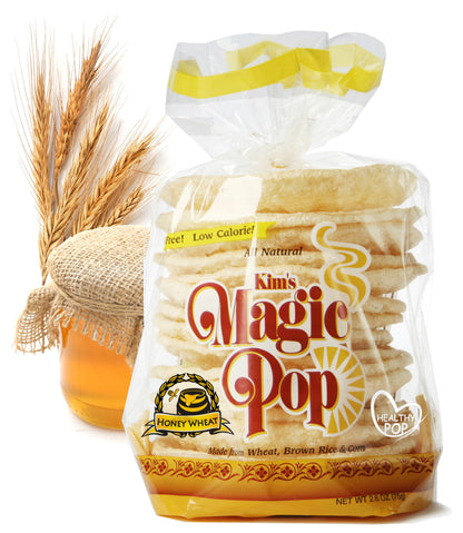 Kim's Magic Pop Honey Wheat flavor, Delice Products snack with crispy rice and honey wheat ingredients, shown in the image.