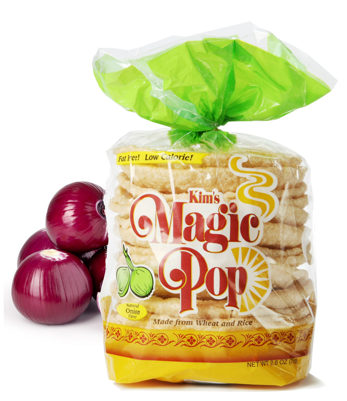 Kim's Magic Pop Onion Flavor snack in a bright package, showcasing crispy, seasoned rice puff snacks with onion flavor.