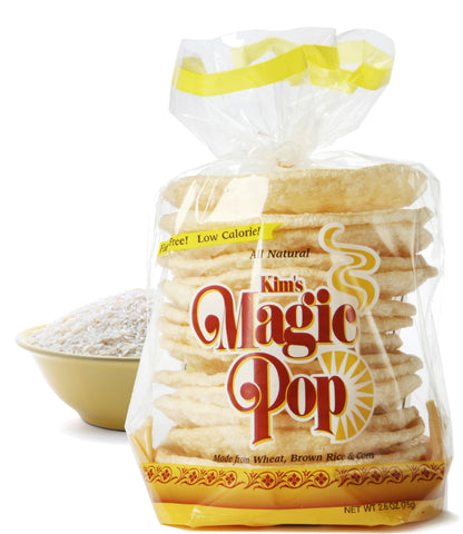 Kim's Magic Pop Original Flavor snack in a bright package, showcasing light, crispy rice cakes from Delice Products.