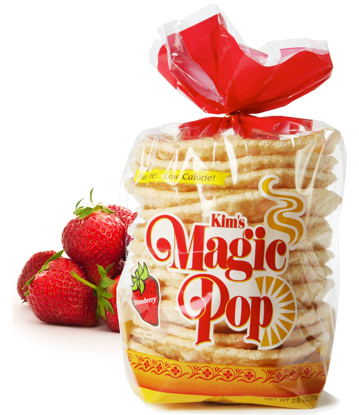 Kim's Magic Pop strawberry flavor Delice product, showing a colorful, crispy snack with strawberry flavor packaging.
