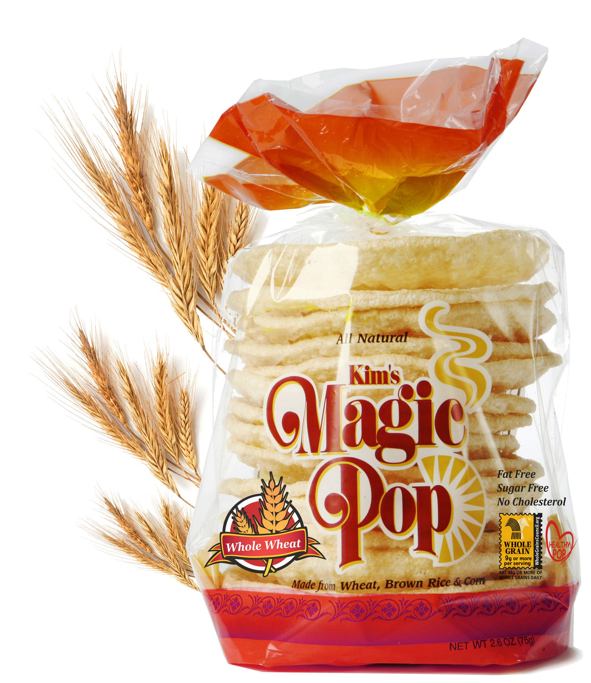 Kim's Magic Pop Whole Wheat Flavor, Delice Products snack, showing crispy, whole wheat rice cakes with packaging.