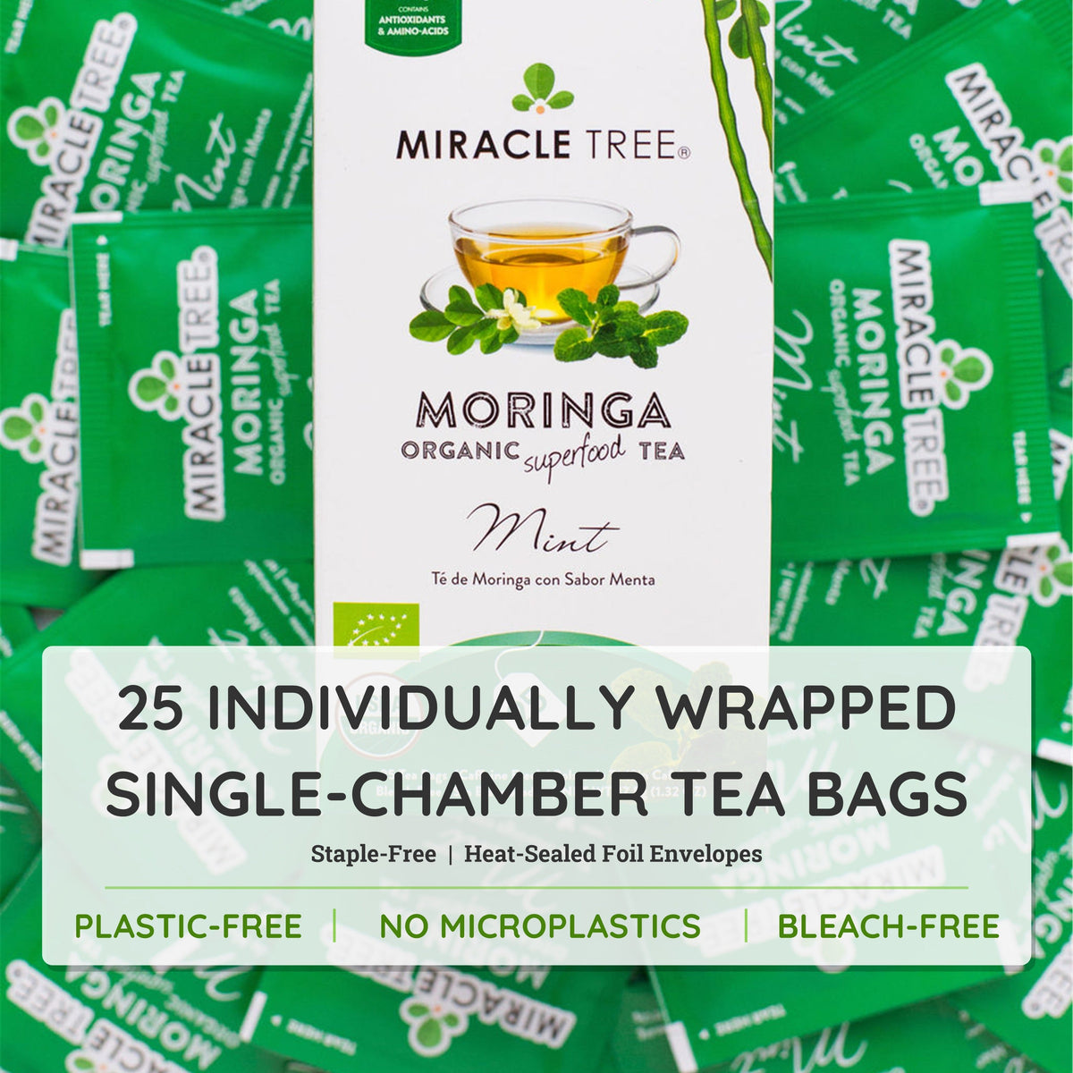 Organic Moringa herbal tea with mint leaves from Miracle Tree, caffeine-free and naturally refreshing in a tea bag.