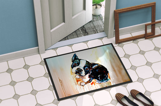 Boston Terrier doormat by Caroline's Treasures featuring a playful Boston Terrier illustration on a durable door mat.