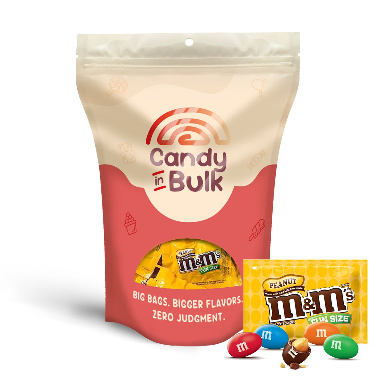 Fun size M&M's Peanut Milk Chocolate Candy packs from Candy In Bulk, showing colorful candies in a bulk value bag.