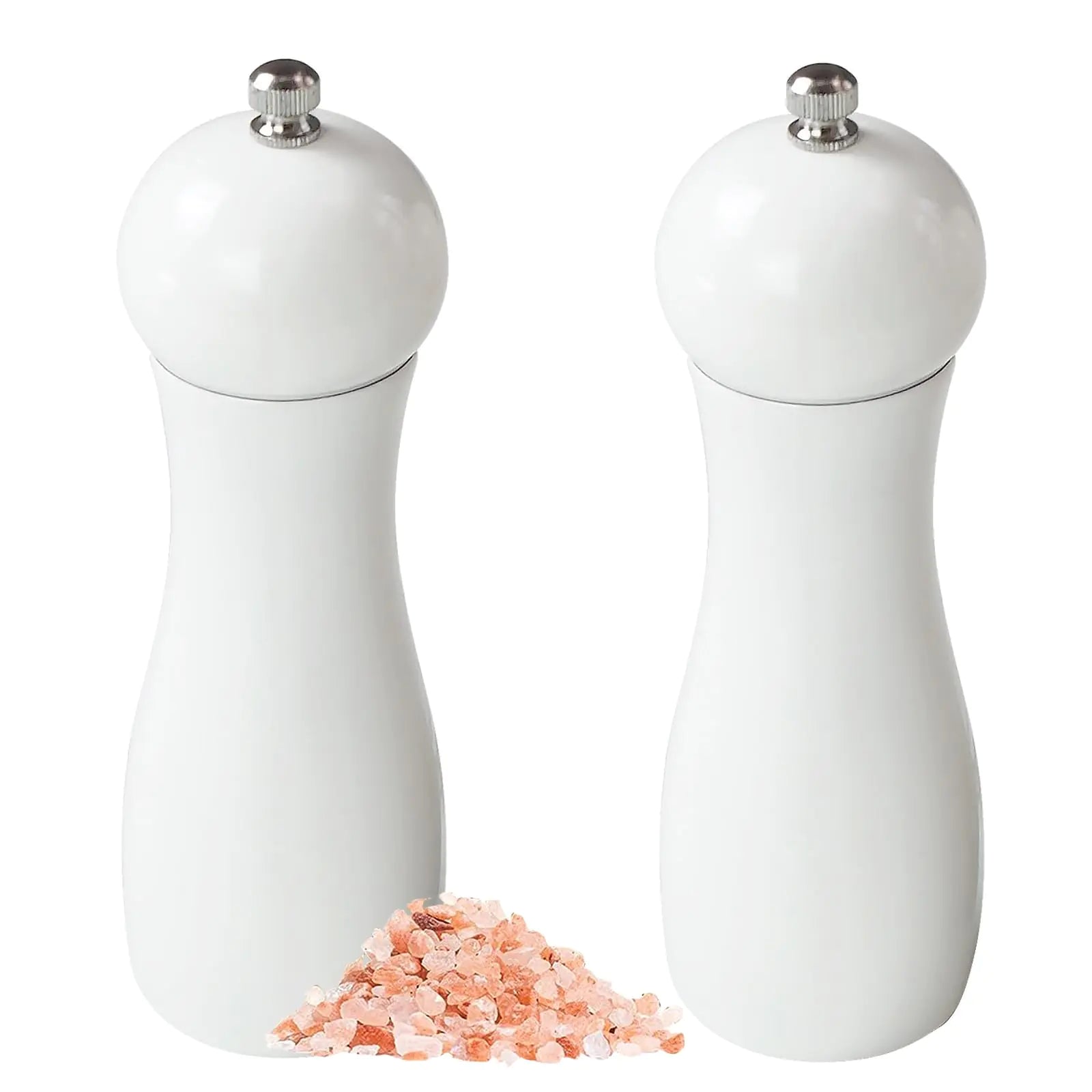 SHIKORI Manual Wooden Salt and Pepper Mills Shakers 6.5 inch Salt and Pepper Grinders SetCeramic Rotor with Strong Adjustable Coarseness-White-2Pcs