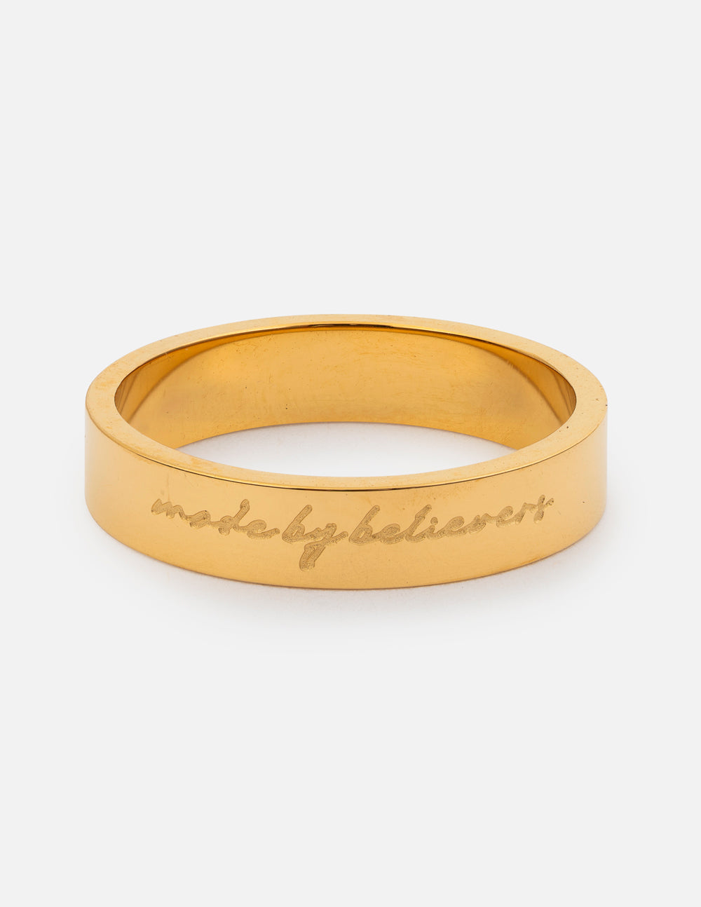 Elevated Faith Made by Believers ring featuring a sleek silver band with engraved inspirational design.